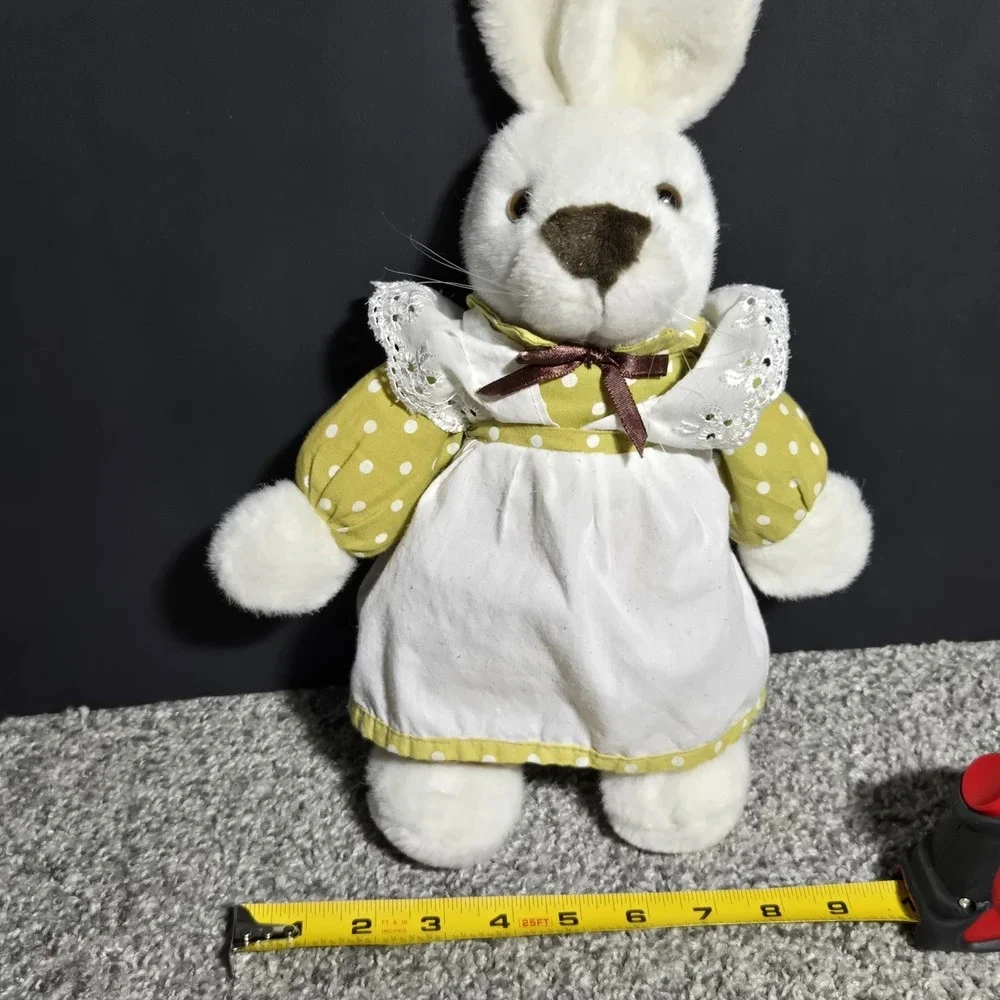 VINTAGE ACMI Rabbit Plush White Bunny Yellow Dress Polka Dots Cottagecore EASTER